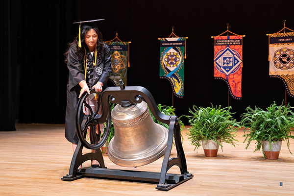 Natalia de la Garza, from Weslaco and a graduate of the College of Sciences, was chosen as one of eight women to ring the bells for the university’s various colleges and schools during the Saturday virtual commencement. Ringing the bell at the end of the commencement ceremony proclaims that something special has just ended. (UTRGV Photo by Paul Chouy)