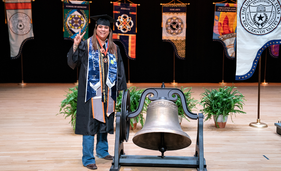 Olga Campos, from Donna, who will get her Bachelor of Science degree in Kinesiology from the UTRGV College of Health Professions, is one of eight women who will ring the bells for the university’s various colleges and schools for the Fall 2020 Virtual Commencement. (UTRGV Photo by Paul Chouy)