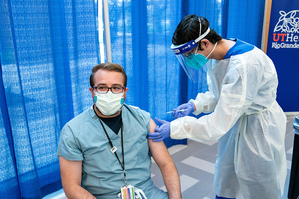 Dr. Brandon Cantazaro, program director and assistant director of Internal Medicine at the UTRGV School of Medicine, received his second dose of the COVID-19 vaccine on Wednesday and is among the first group of fully vaccinated people in the region. (UTRGV Photo by Paul Chouy)