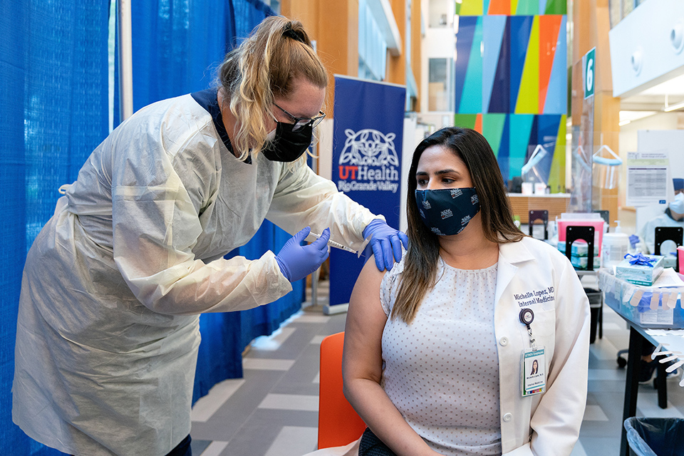 Dr. Michelle Lopez, associate program director and assistant professor of Internal Medicine at the UTRGV School of Medicine, who was the first person to receive the COVID-19 vaccine in the Rio Grande Valley back in December, today received her second dose and is among the first group of fully vaccinated people in the region. (UTRGV Photo by Paul Chouy)