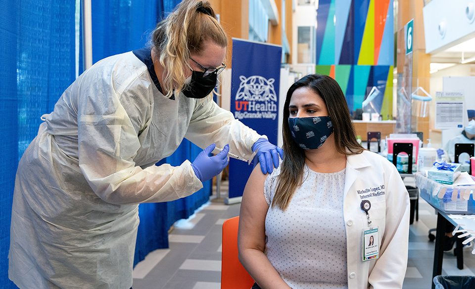 Dr. Michelle Lopez, associate program director and assistant professor of Internal Medicine at the UTRGV School of Medicine, who was the first person to receive the COVID-19 vaccine in the Rio Grande Valley back in December, today received her second dose and is among the first group of fully vaccinated people in the region. (UTRGV Photo by Paul Chouy)