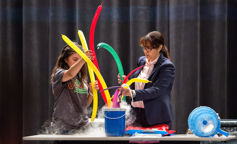 Dr. Karen Lozano, the Julia Beecherl Endowed Professor in mechanical engineering and director of the UTRGV Nanotechnology Center of Excellence, demonstrates a fun and interactive experiment in March 2017 during a symposium hosted by the UTRGV College of Engineering and Computer Science. (UTRGV Archival Photo by Paul Chouy)