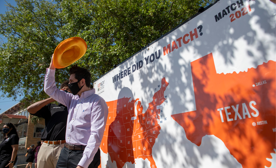 The UTRGV School of Medicine students, faculty, and family members celebrated Match Day 2021 in Edinburg on Friday. Pictured celebrating his accomplishment is Michael Rotko, a UTRGV medical student who matched with Schwab Rehab Hospital in Illinois for the Transitional Physical Medicine and Rehabilitation program. (UTRGV Photo by Carlos Sanchez)