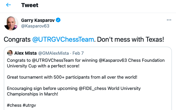 Legendary world chess champion and grandmaster Garry Kasparov's Tweet