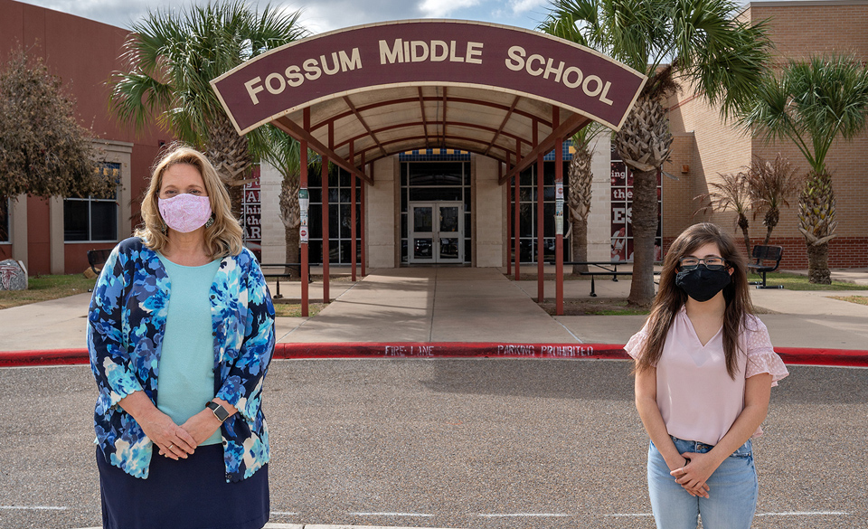 Pictured are Michelle Milligan (right), a retired teacher from Michael E. Fossum Middle School in McAllen, and Karina Quintana, a graduate of the UTeach program at UTRGV. In fall 2020, Quintana spent the final semester before graduation doing her student teaching with Milligan. Looking back, she said, it was a semester “like no other.” (UTRGV Photo by Paul Chouy)