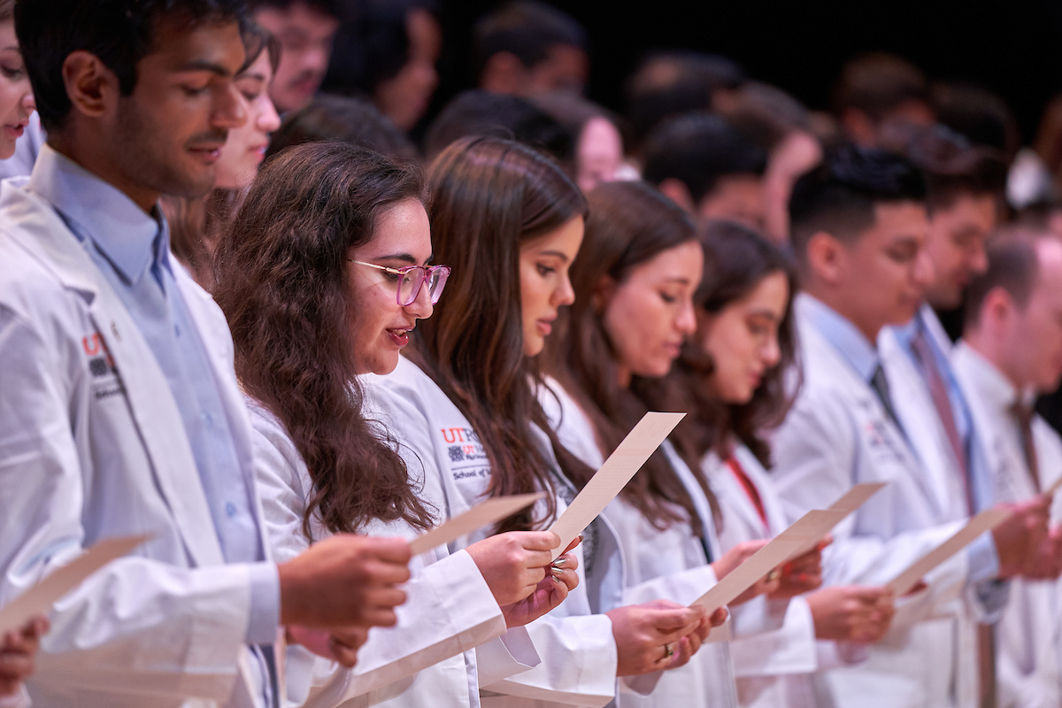 Fifty-five medical students recited the Hippocratic Oath, where they pledged to uphold the ethical standards of medical practice, during the UTRGV School of Medicine White Coat Ceremony on Saturday morning. (UTRGV Photo by David Pike)