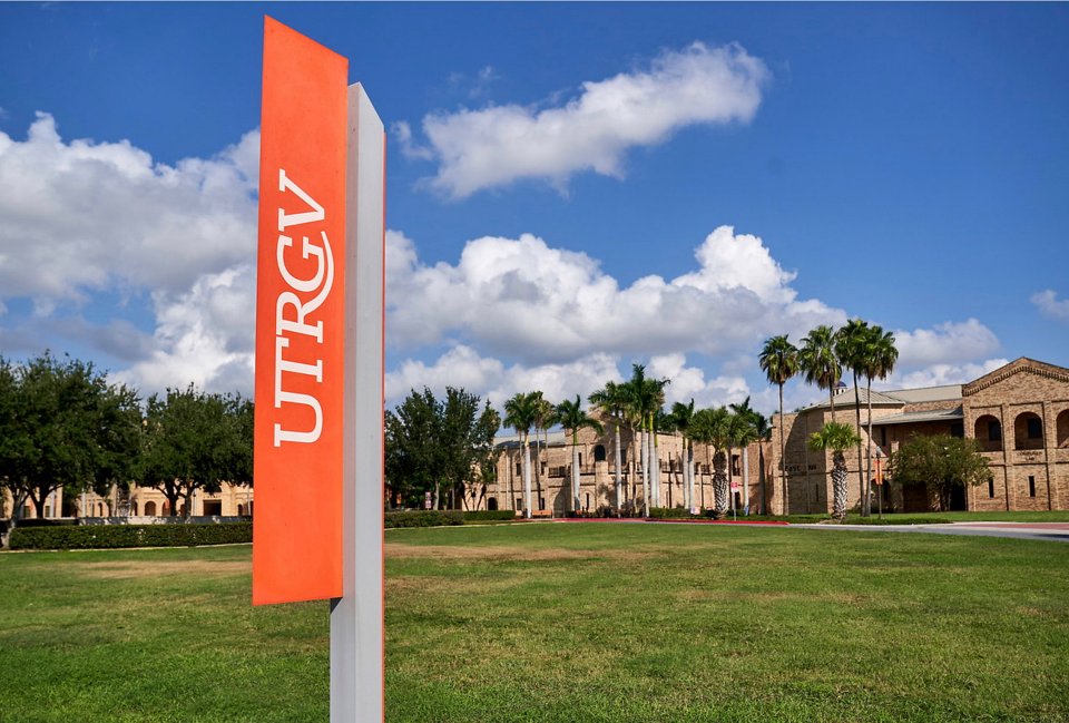 Orange sign with white UTRGV letters