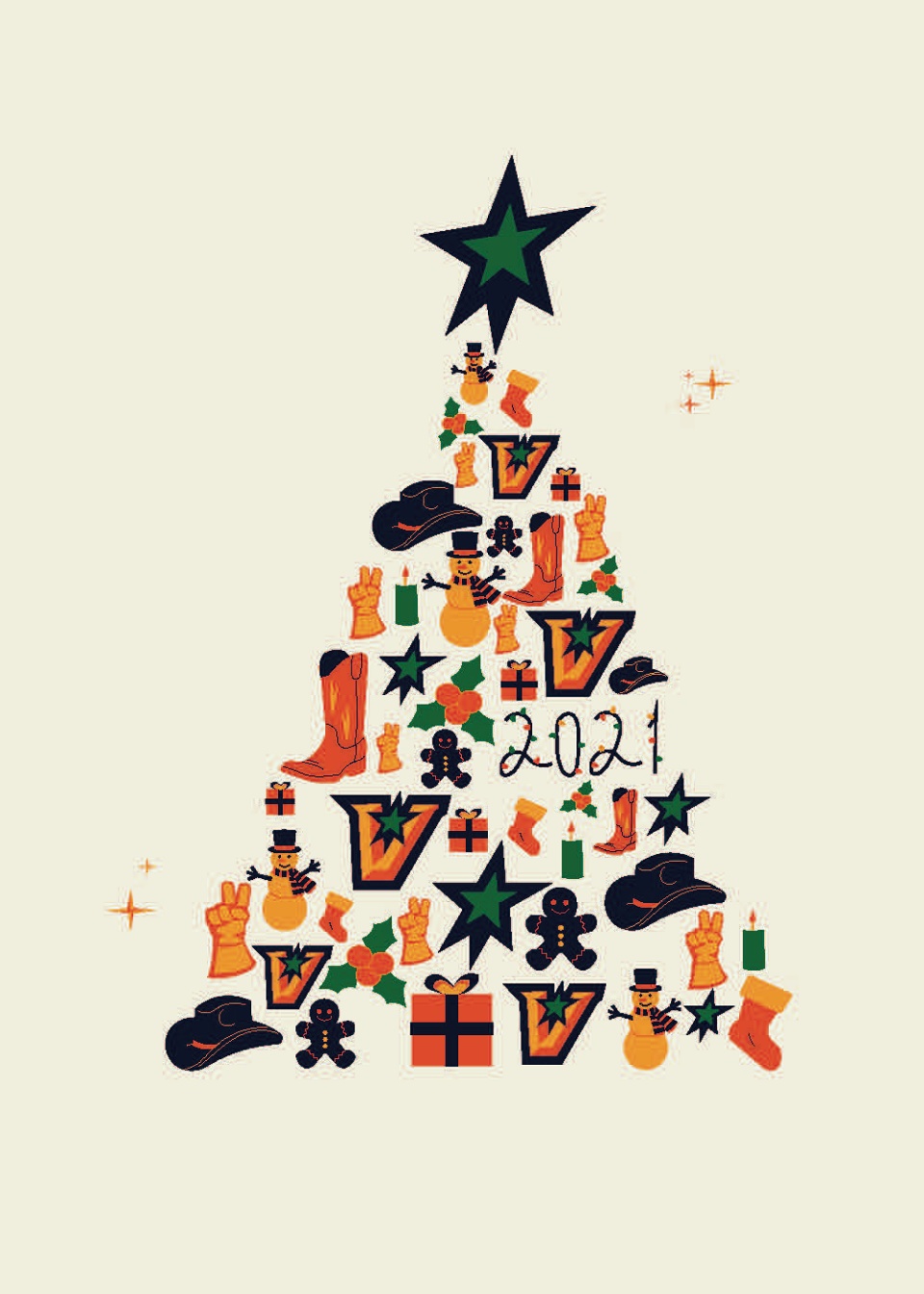 Valeria Garza, a sophomore art major, used symbols representing UTRGV to create a Christmas tree for her card.