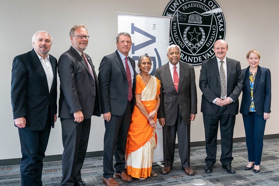 From left are UTRGV President Guy Bailey; Dr. Michael Dobbs, chair of the UTRGV School of Medicine’s Department of Neurology; Dr. Michael Hocker, dean of the UTRGV School of Medicine and senior vice president for UT Health RGV; Mid-Valley physicians Dr. Elizabeth Krishnan and Dr. Subram Krishnan; Dr. Ihsan M. Salloum, director of the UTRGV School of Medicine’s Institute of Neuroscience and chair of the UTRGV Department of Neuroscience; and Dr. Kelly Nassour, executive vice president for Institutional Advancement. 