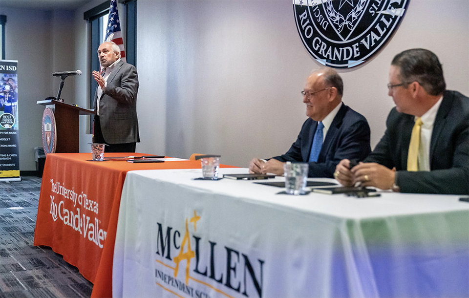 McAllen ISD held a signing ceremony to seal the deal on the Collegiate High School project on Wednesday, March 23. Before the signing, UTRGV President Guy Bailey addressed those in attendance. (UTRGV Photo by David Pike)