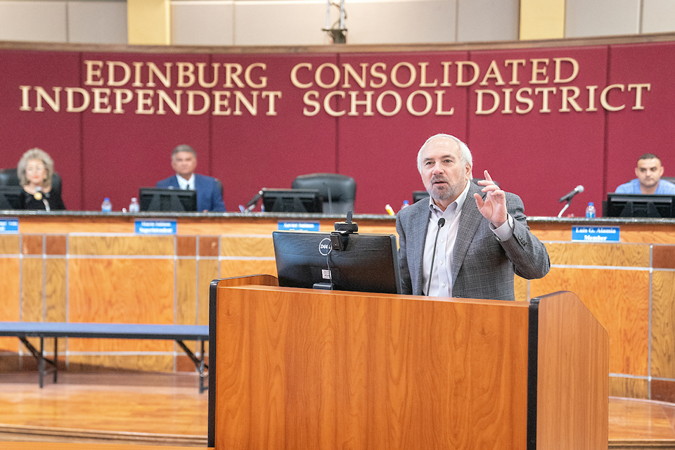 UTRGV President Guy Bailey addresses Edinburg CISD attendees after a special school board meeting was held to vote on the establishment of the Collegiate High School on Wednesday, March 23. (UTRGV Photo by Paul Chouy)