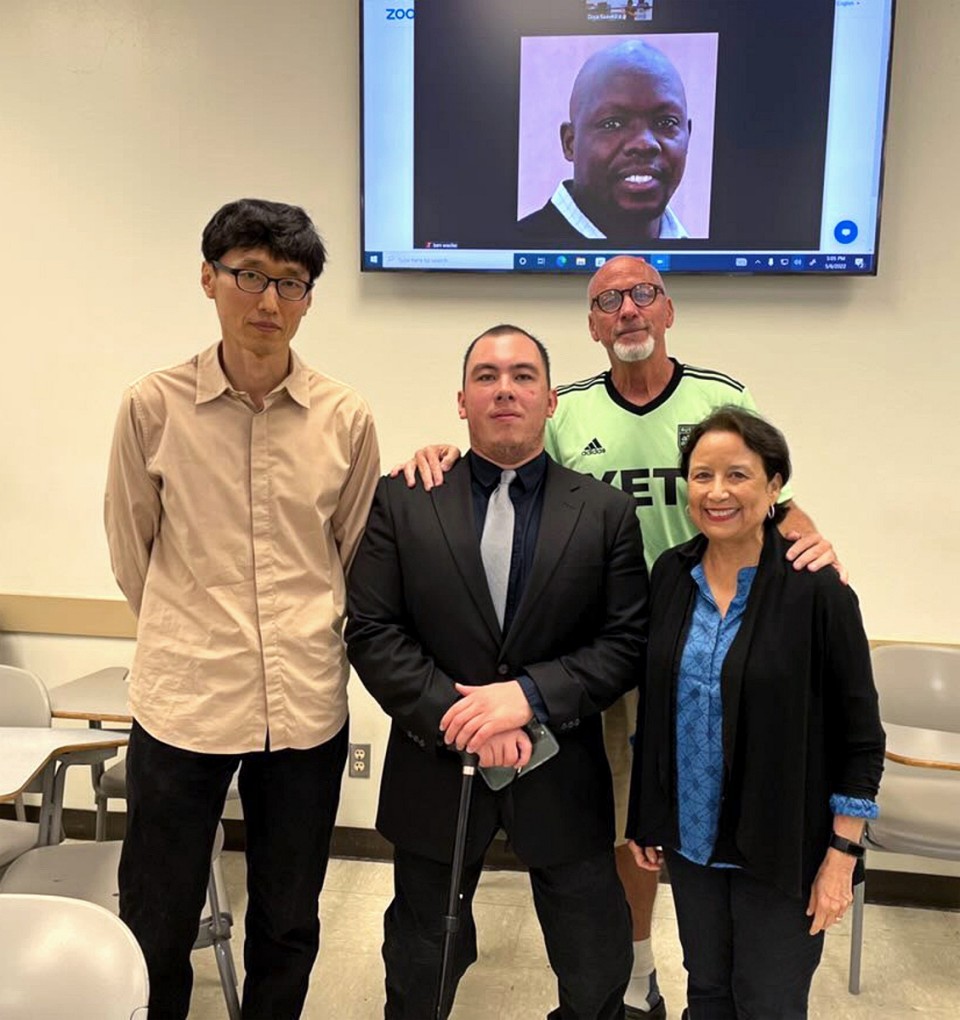 UTRGV graduate Alvaro Ayala (center) with his faculty advisors: Dr. Young Joon Lim, Dr. Gregory Selber, Dr. Ben Wasike and Dr. Dora Saavedra.