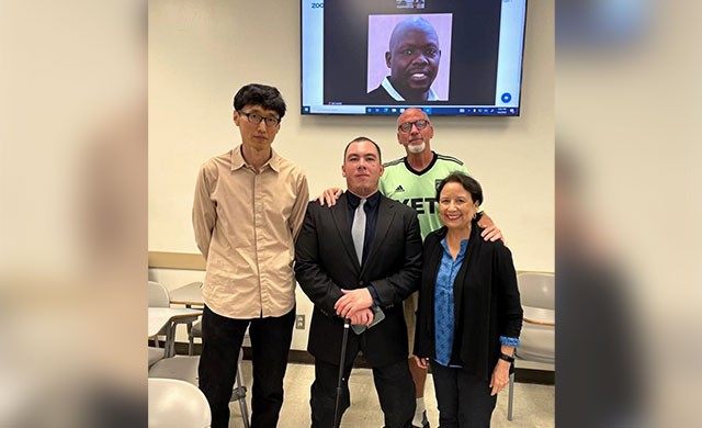 UTRGV graduate Alvaro Ayala (center) with his faculty advisors: Dr. Young Joon Lim, Dr. Gregory Selber, Dr. Ben Wasike and Dr. Dora Saavedra.