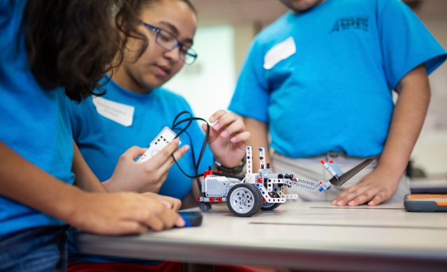 Campers test their robotic vehicle during the 2019 University Transportation Center for Railway Safety Summer Camp.