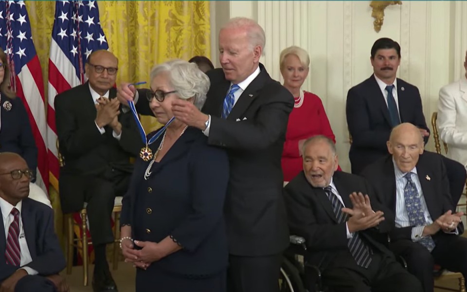 Dr. Juliet V. García receives The Presidential Medal of Freedom from President Joe Biden on Thursday, July 7, at the White House. She was presented the national honor for her accomplishments in higher education in South Texas and across the nation.