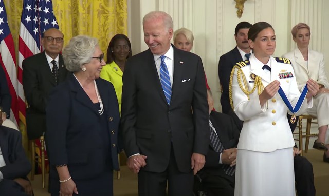 Dr. Juliet V. García and President Joe Biden are all smiles during The Presidential Medal of Freedom ceremony on Thursday, July 7, at the White House.