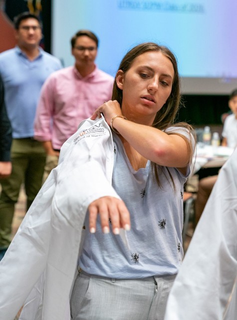 Inaugural students of the UTRGV School of Podiatric Medicine Students were fitted for their white coats before a special dean’s reception Aug. 2, 2022. They officially will don their fitted white coats at a special White Coat Ceremony in October.