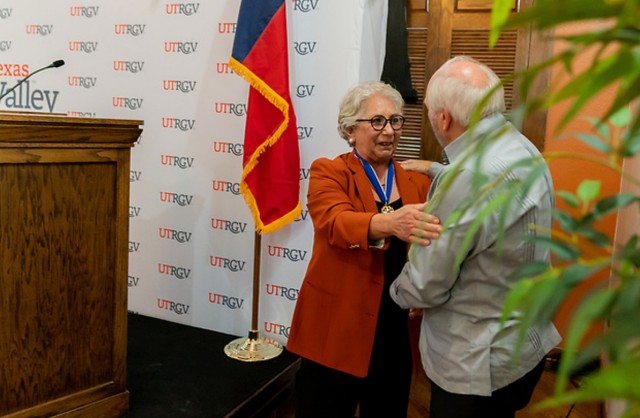 UTRGV President Guy Bailey congratulates Dr. Juliet V. García before she takes the stage at the reception held in her honor on Thursday evening.
