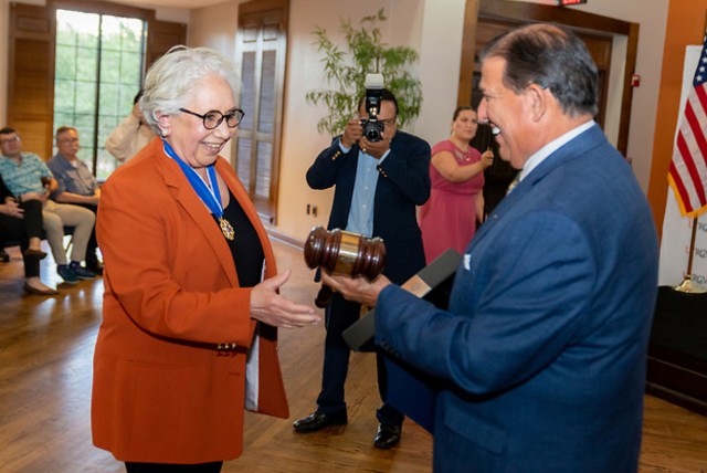 Dr. Juliet V. García was presented with tokens of appreciation from former Texas Sen. Eddie Lucio Jr. during a celebration in her honor on Thursday at the UTRGV Brownsville Campus.