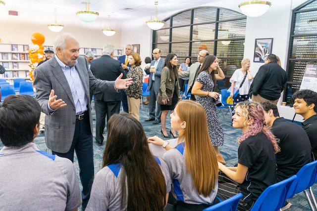 UTRGV President Guy Bailey talks to South Texas ISD students on Monday, Sept. 19, at a signing ceremony event held in Mercedes.