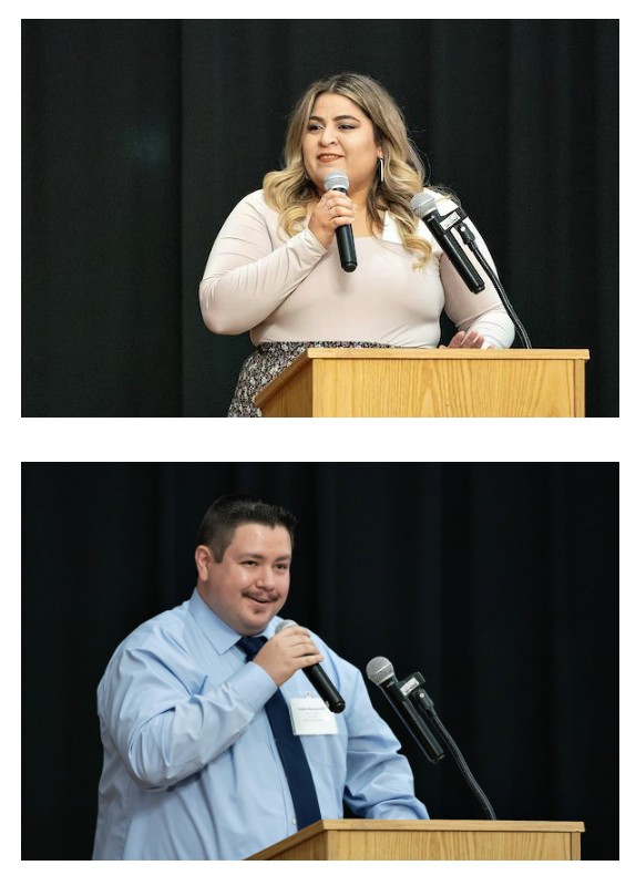 UTRGV UTeach alumni Karla Lopez and Emilio R. Hinojosa speak to the crowd in attendance on Thursday at the 10-year celebration of the UTeach program at UTRGV.