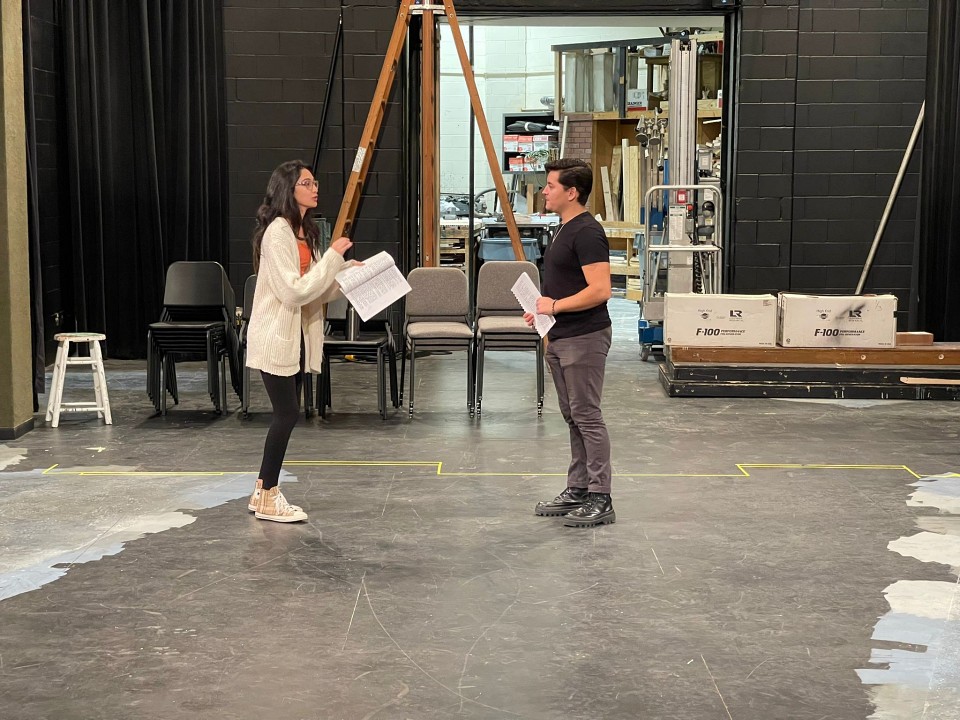 The UTRGV Department of Theatre will perform two one-act comedies, “The Flying Doctor” and “Two Precious Maidens Ridiculed,” written by French playwright Molière and translated to English by Albert Bermel. In the photo, two UTRGV students, Rolando Garza and Ariana Cruz, rehearsing for the play.