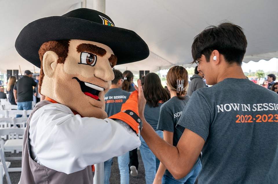 The UTRGV Mascot welcomes students to the UTRGV and Edinburg CISD groundbreaking ceremony on Tuesday morning for the new collegiate high school. Some 200 current 9th and 10th graders currently attending the school made an appearance at the event. The facility is slated for completion in January 2024.