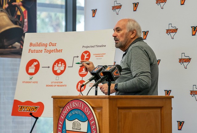 UTRGV President Guy Bailey at the Friday morning press conference in Edinburg. Bailey said the addition of these programs is part of a bigger goal to expand and enhance the university’s campus life.