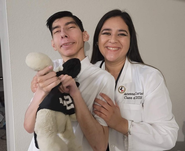Vanessa Cortez, from San Antonio, with her brother, John Paul. She saw doctors save his life five times and was inspired to dedicate herself to similarly helping families. Cortez is slated to graduate from UTRGV in 2026 from the School of Podiatric Medicine.