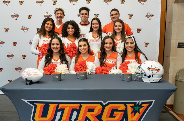 UTRGV cheer team members are all smiles after the press conference announcing the expansion of the spirit programs and addition of new sports programs.