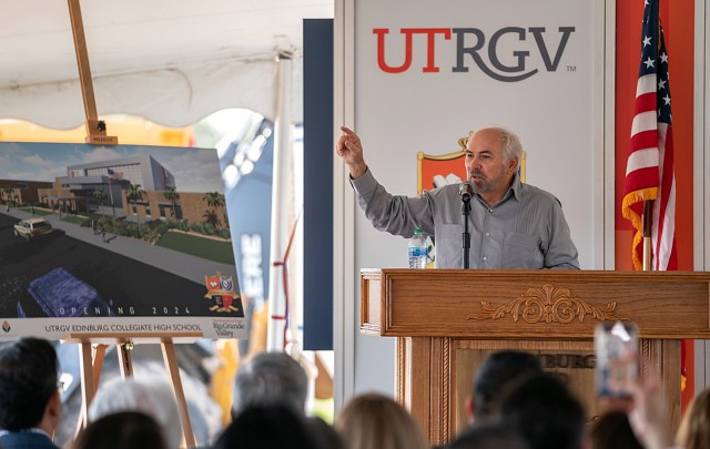 UTRGV President Guy Bailey addresses invited guests at the groundbreaking ceremony for the UTRGV Edinburg CISD Collegiate High School on Tuesday morning. Bailey said the university’s role in the partnership gives students an educational opportunity unmatched in the state.