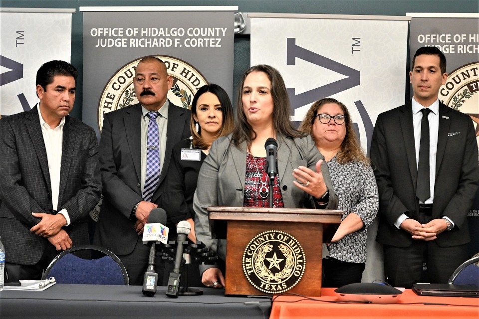 Dr. Nancy Razo, professor of practice in the UTRGV Department of Human Development and School Services, speaks during a press conference hosted by Hidalgo County Judge Richard F. Cortez on Oct. 27. The press conference announced a cross-agency initiative called "Handle with Care."