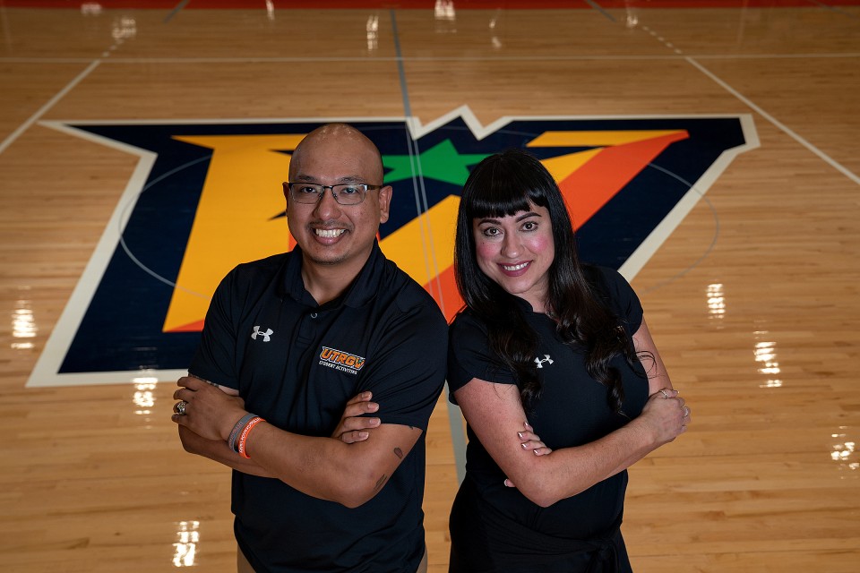 Isela Gomez, new head coach of UTRGV Spirit Programs, with Rodolfo “Rudy” Mata, new program coordinator of Spirit & Traditions, at the UTRGV Fieldhouse on the Edinburg Campus.