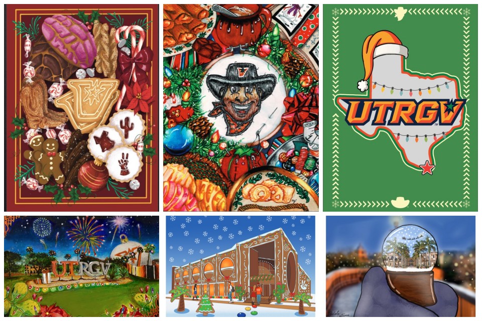 Collage of UTRGV Holiday Card Contest winning cards