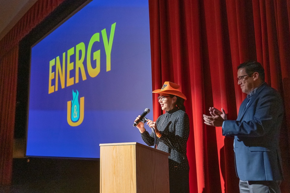 Dr. Karen Lozano, the Julia Beecherl endowed professor in mechanical engineering and director of the UTRGV Nanotechnology Center of Excellence, opens the premiere of the Energy & U film screening in February 2022.