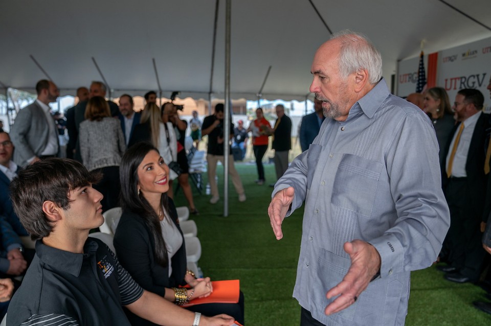 UTRGV President Guy Bailey talks with Ruben Vega