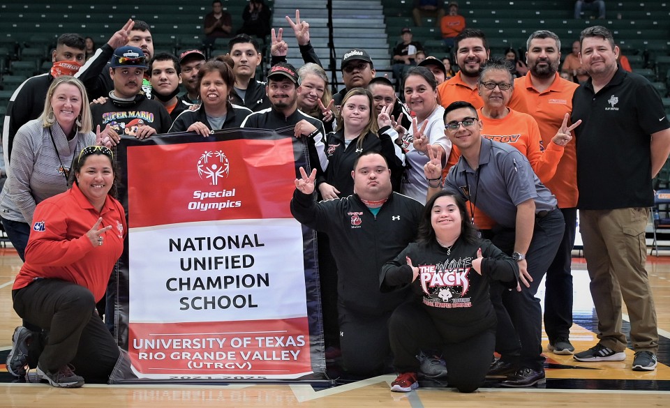UTRGV was presented with a banner officially recognizing the university as one of just three Special Olympics National Unified Champion Schools in Texas, during halftime of a women’s basketball game Dec. 15, 2022, on the UTRGV Edinburg Campus.