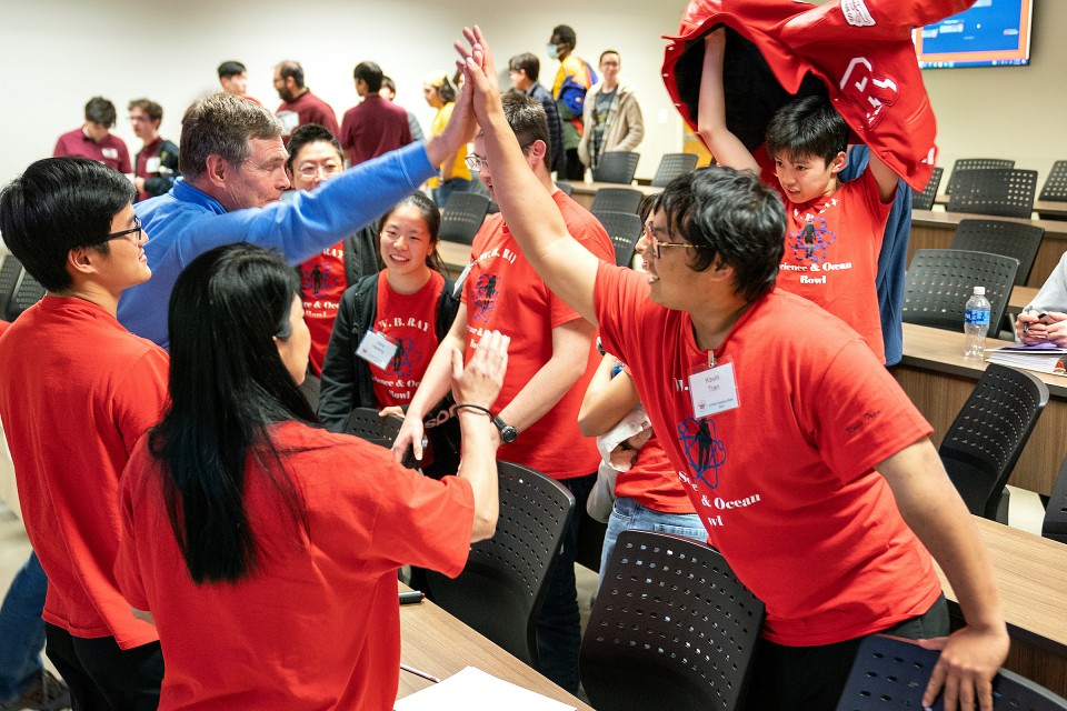 The W. B. Ray High School team celebrates a win during the UTRGV Regional Science Bowl 2023 on Saturday, Feb. 11, 2023 at the Mathematics & General Classrooms building in Edinburg, Texas.