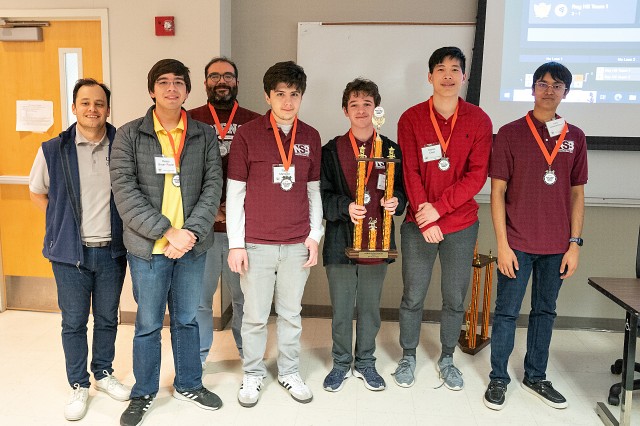 The Science Academy of South Texas team with the 2nd place trophy at the UTRGV Regional Science Bowl 2023