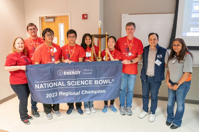 The W. B. Ray High School team with the 1st place trophy at the UTRGV Regional Science Bowl 2023