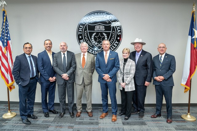 Dr. Subhash Chauhan, founding director of UTRGV’s South Texas Center of Excellence in Cancer Research and principal investigator of the CPRIT grant; Pharr Mayor Dr. Ambrosio Hernandez, CPRIT board member; UTRGV President Guy Bailey; CPRIT CEO Wayne Roberts; UTRGV School of Medicine Dean Michael B. Hocker; Dr. Michelle Le Beau, CPRIT chief scientific officer; Texas Sen. Juan ‘Chuy’ Hinojosa; and Texas Rep. Robert ‘Bobby’ Guerra.