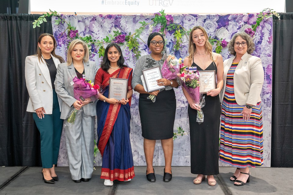 Pictured are Nora Cruz Dole, IASS associate director; Dr. Samantha Lopez, IASS director; Suchitra Acharjee, Outstanding International Female Student in the master's category.; Uzoamaka Okori, Outstanding International Female Student in the doctoral category; Ingridy Nicoleti Foltran, Outstanding International Female Student in the undergraduate category; and Dara Newton, associate vice president for strategic enrollment.