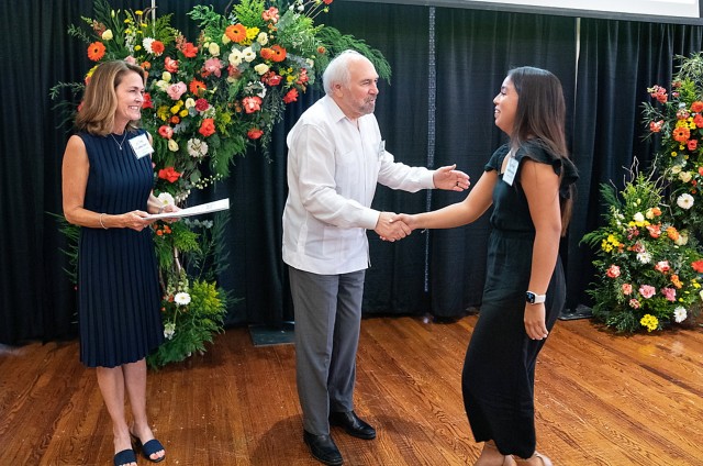 UTRGV President Guy Bailey and Executive Vice President and Provost Janna Arney congratulate a Luminary Scholars recipient during a celebratory banquet on August 22, 2022 welcoming the first cohort of the unique program.