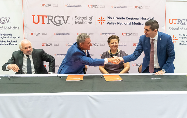 Residents from the UTRGV School of Medicine will train at HCA Healthcare Gulf Coast Division affiliate hospitals Rio Grande Regional Hospital in McAllen and Valley Regional Medical Center in Brownsville. The UTRGV School of Medicine is focused on preparing doctors to practice in underserved urban and rural communities and hopes to admit its first HCA Healthcare Gulf Coast Division residents in 2024. Pictured are UTRGV President Guy Bailey; Dr. Michael B. Hocker, UTRGV School of Medicine; Cris Rivera, chief executive officer of HCA Healthcare affiliate Rio Grande Regional Hospital in McAllen; and David Irizarry, CEO of HCA Healthcare affiliate Valley Regional Medical Center in Brownsville.