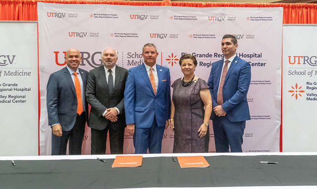 Pictured are UT System Board of Regent Nolan Perez, M.D.; UTRGV President Guy Bailey; Dr. Michael B. Hocker, dean of the UTRGV School of Medicine; Cris Rivera, chief executive officer of HCA Healthcare affiliate Rio Grande Regional Hospital in McAllen; and David Irizarry, CEO of HCA Healthcare affiliate Valley Regional Medical Center in Brownsville.