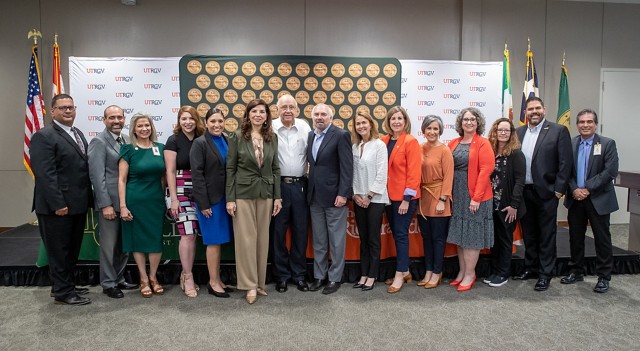 Laredo College and UTRGV administrators following the press conference announcing the partnership between the campuses. The Laredo College and UTRGV agreements help create a framework that will inform students and their advisors about how courses will transfer between the two schools.