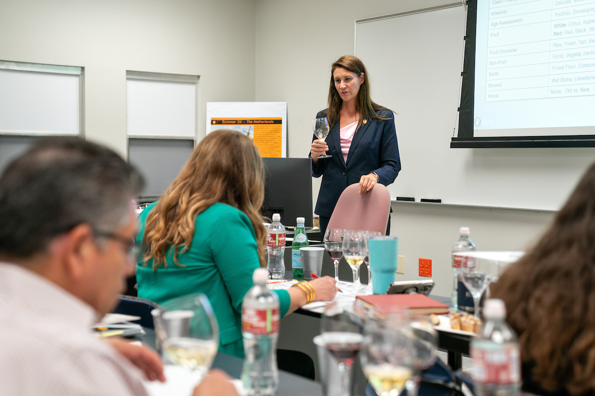 Julie Dalton, master sommelier, teaches students in the Introductory Sommelier Course