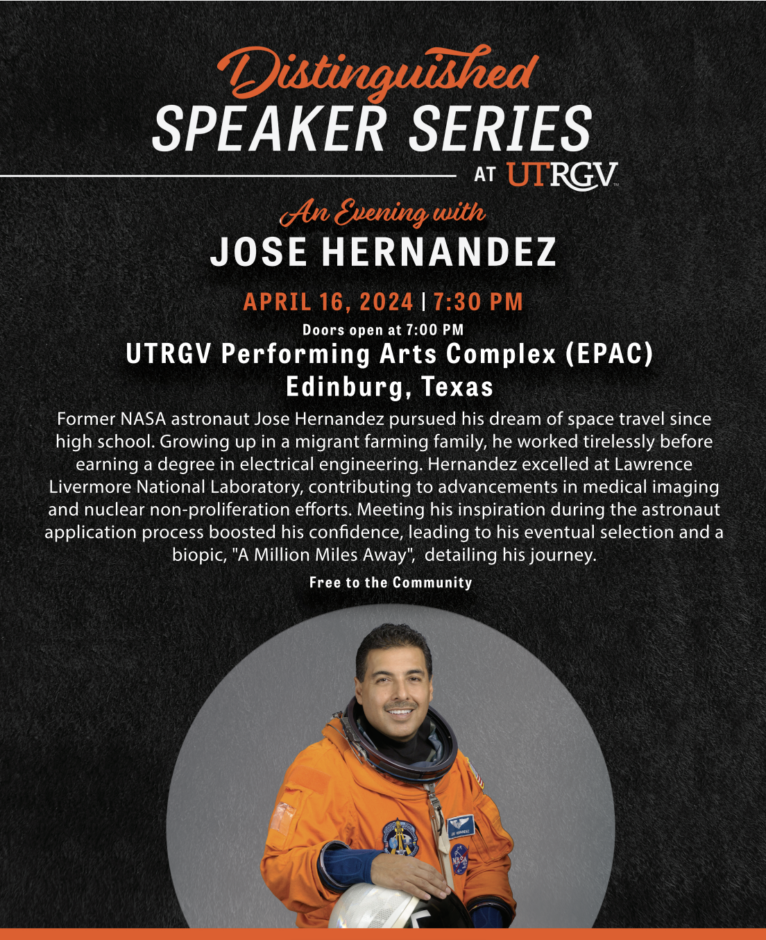 Former NASA Astronaut Jose Hernandez  to speak at UTRGV Distinguished Speaker Series 