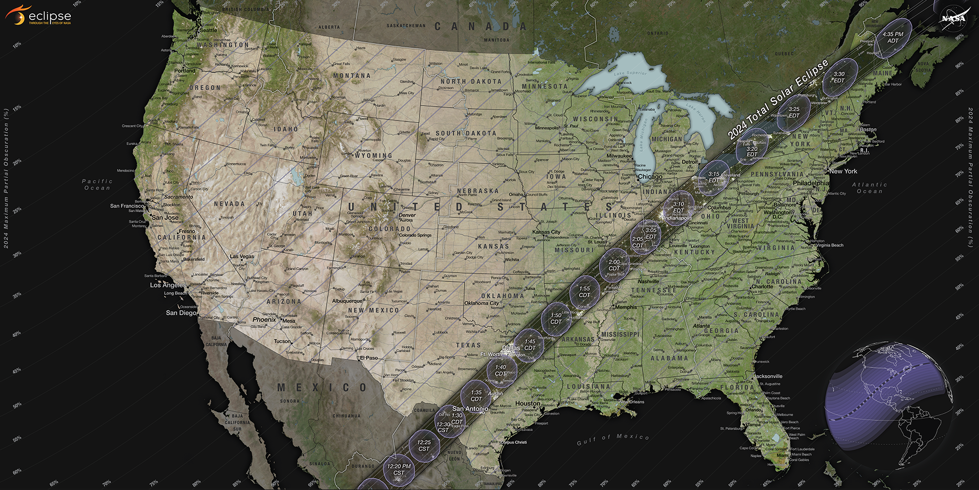 Moon's shadow path over the United States for the April 8, 2024