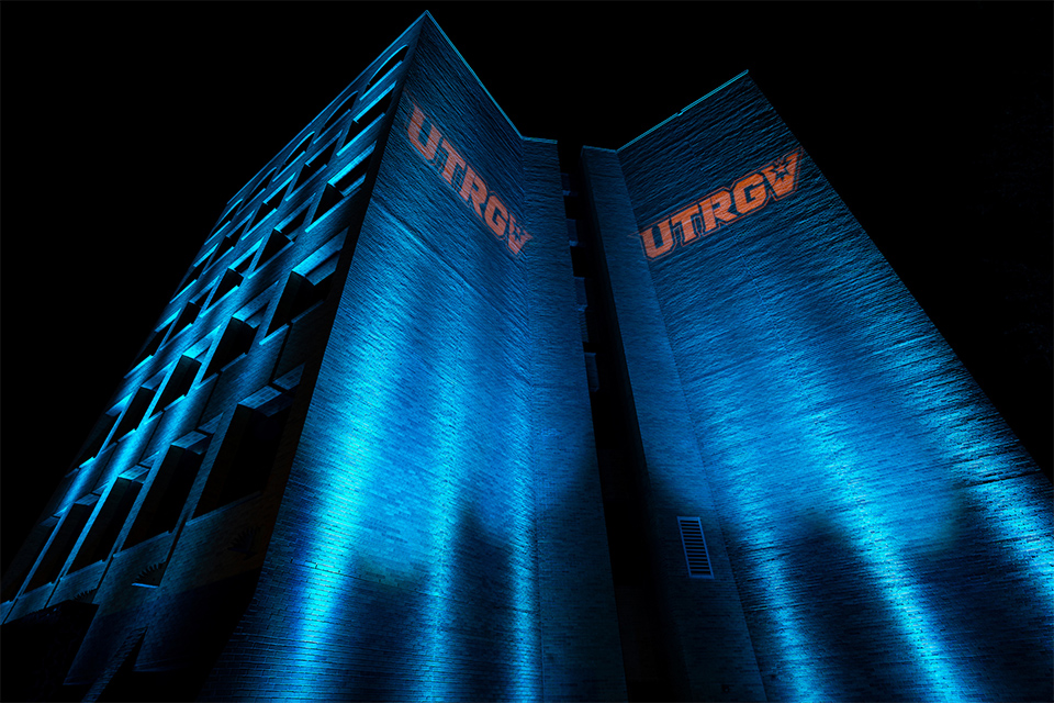 UTRGV sign with blue lights
